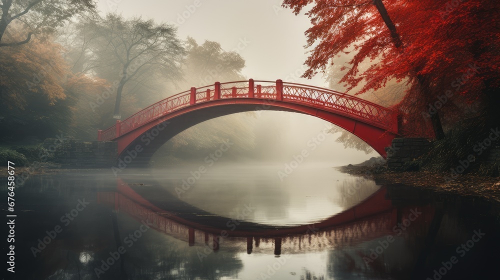 Poster a red bridge over a body of water with a red tree in the foreground and fog in the background. gener