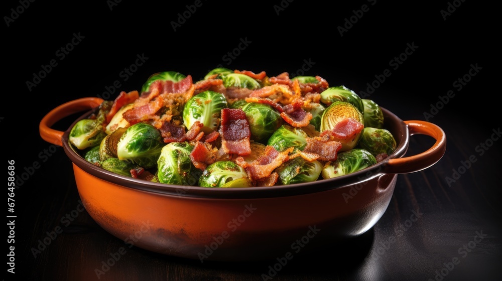 Poster a bowl full of brussel sprouts with bacon and bacon on top of the sprouts. generative ai