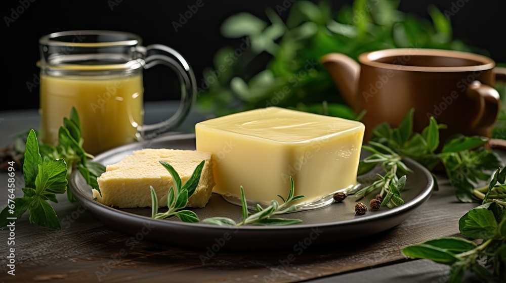 Poster a plate with a piece of butter on it next to a cup of tea and a teapot on a table. generative ai