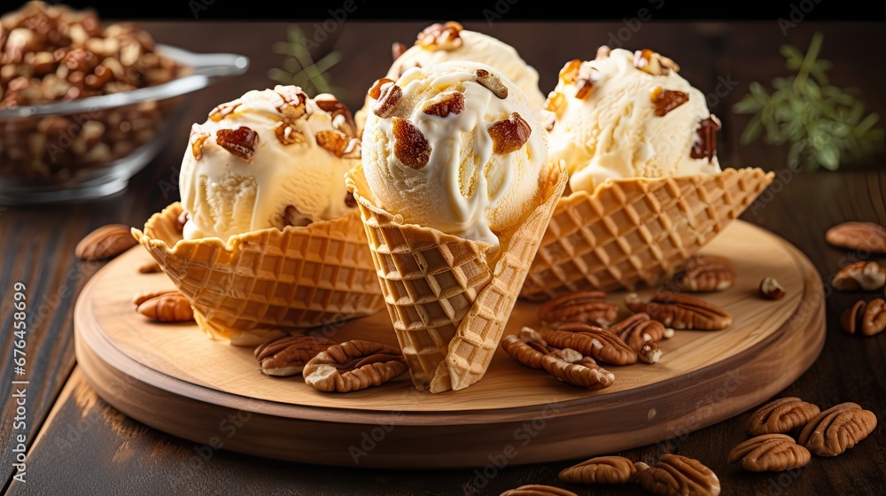 Poster three scoops of ice cream sit on a plate with pecans and a bowl of pecans in the background. generat
