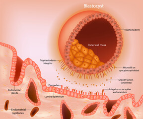 Blastocyst implantation. A schematic representation of a blastocyst approaching the receptive endometrium. Appearance of pinopodes. - obrazy, fototapety, plakaty