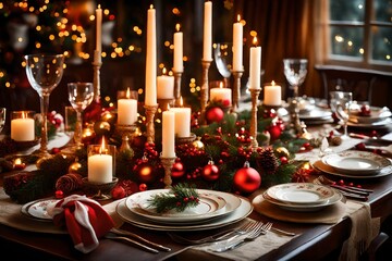 A close-up of a festive dining table set for Christmas dinner, complete with fine china and glowing candles. --