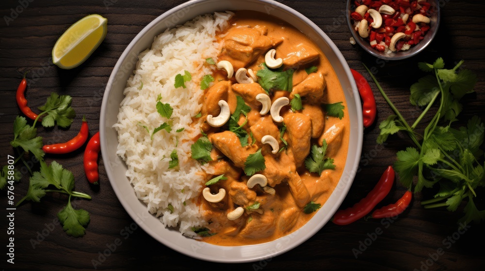 Poster a close up of a bowl of food with rice and mushrooms on a table with vegetables and a lemon slice. g