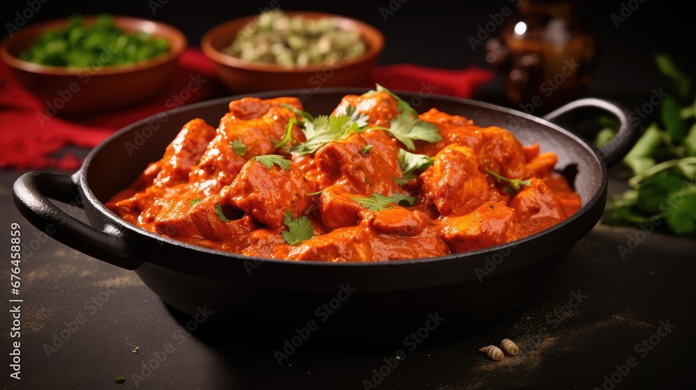 Poster a close up of a pan of food on a table with other dishes in the background and a red cloth on the ta