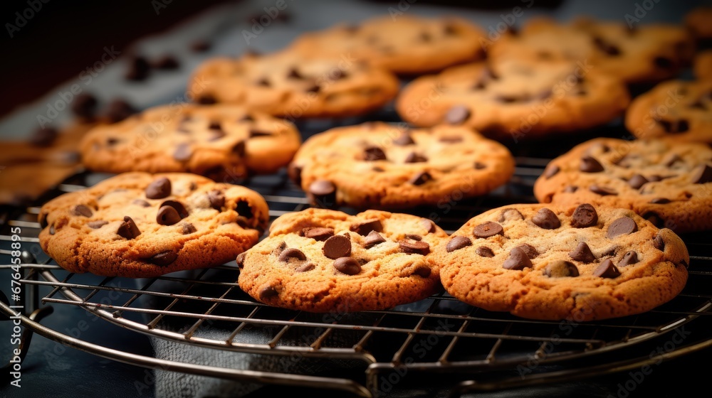 Poster a bunch of chocolate chip cookies cooling on a rack on top of a table with a glass of milk in front 