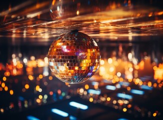 Shimmering gold disco ball on the dance floor ceiling. Colorful concert music stage with neon...
