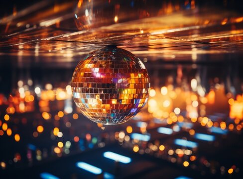 Shimmering gold disco ball on the dance floor ceiling. Colorful concert music stage with neon lights of the 70s disco era for concert illuminated by spotlights. Reflecting ball for entertainment party