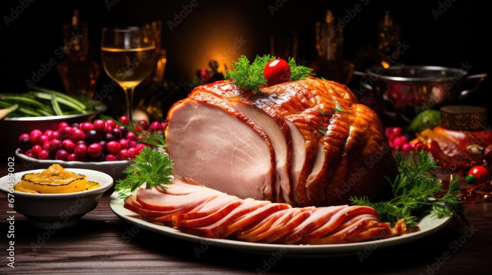 Poster a large ham on a platter with a side of sauces and a glass of wine on the side. generative ai