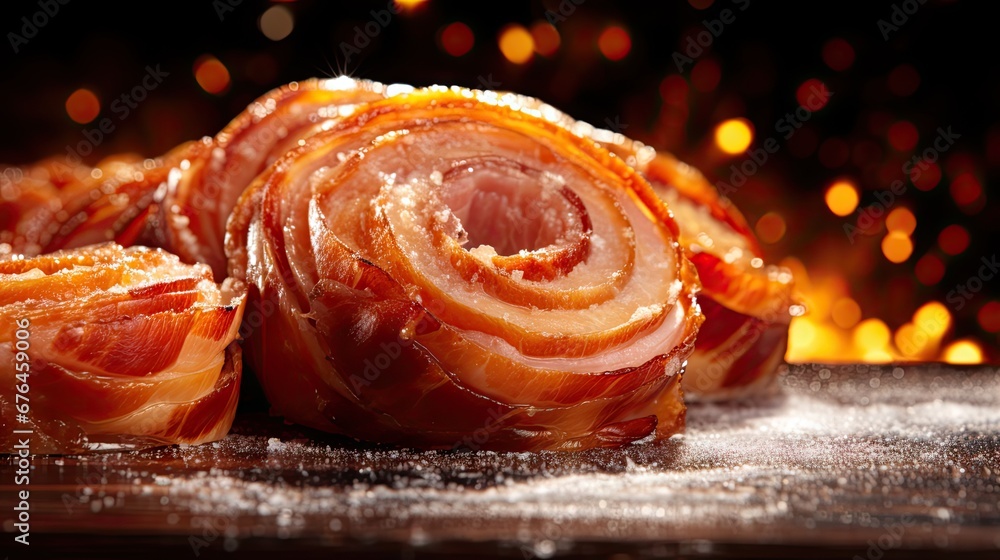 Aufkleber a pile of bacon wrapped in sugar on top of a wooden table next to a christmas tree with lights in th