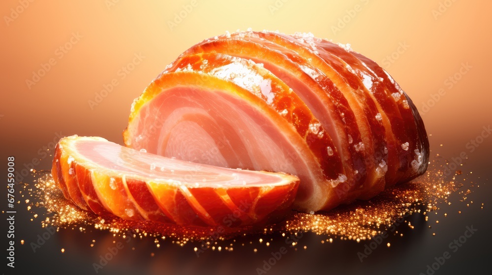 Poster a close up of a piece of meat with a slice cut out of it and gold glitters around it. generative ai