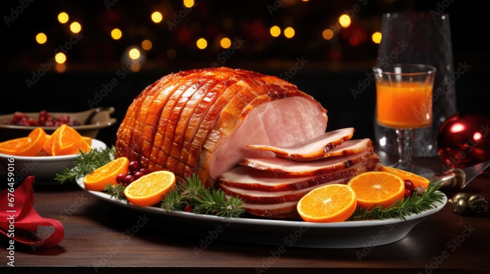 Poster a ham on a platter with oranges and cranberries on a table with a glass of orange juice. generative 