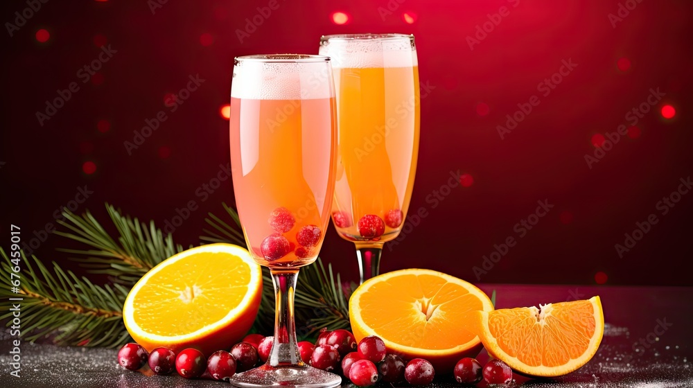 Poster two glasses of wine with orange slices and cranberries on a table next to a branch of christmas tree