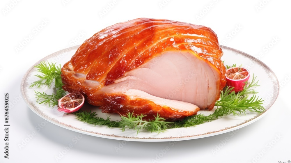 Poster a ham on a plate with garnish and garnish garnish on the side of it. generative ai
