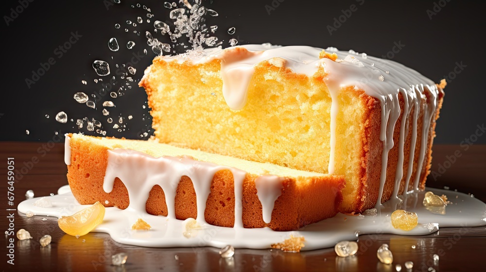 Poster a close up of a cake on a table with a slice cut out of it and a drizzle of icing. generative ai