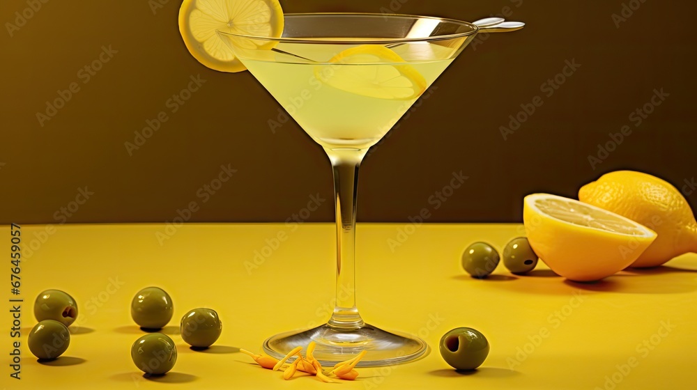 Poster a glass of lemonade with olives and lemon wedges on a table with a bowl of lemons. generative ai