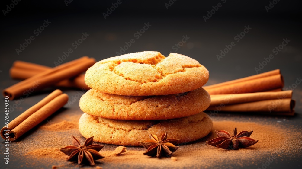 Poster a stack of cookies sitting on top of each other next to cinnamon sticks and star anisette on a table