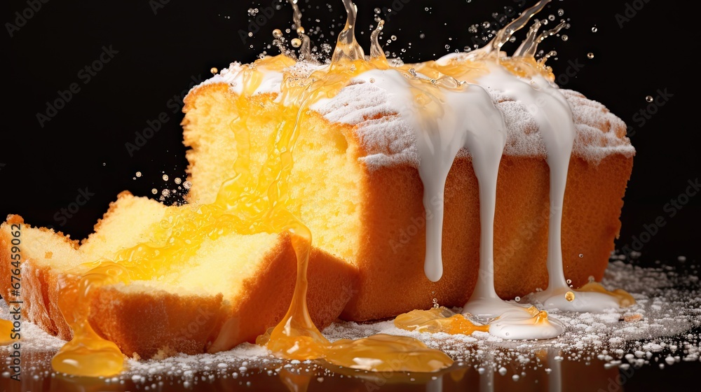 Poster a close up of a bundt cake with icing on a table with a slice cut out of it. generative ai