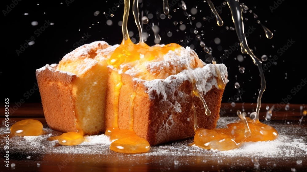 Poster a close up of a bundt cake on a table with powdered sugar and orange peels on it. generative ai