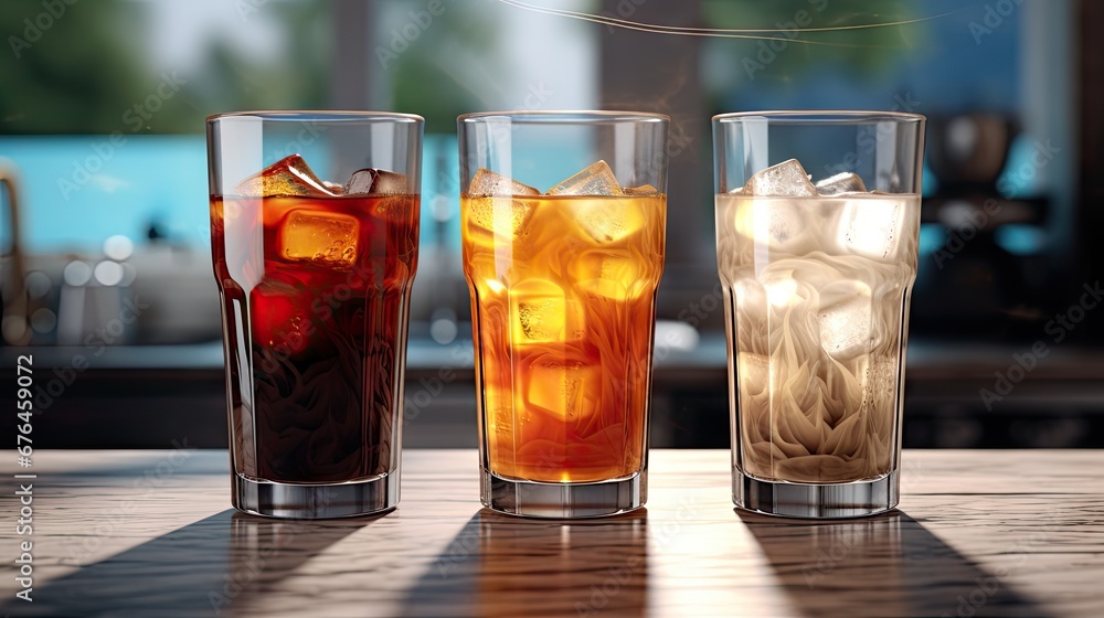 Poster  three different types of drinks sitting on a table next to each other on a table with a window in the background.  generative ai