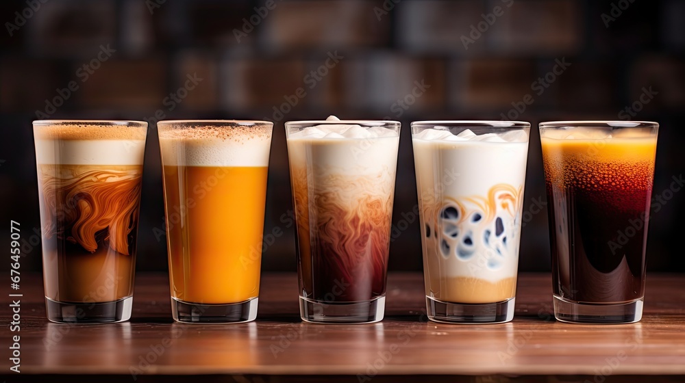 Poster a row of different types of drinks sitting on top of a wooden table in front of a dark brick wall. g
