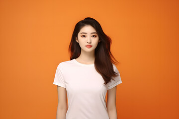 Obraz premium Young beautiful asian woman wearing a white blank t-shirt mockup, orange background. Print presentation. Copy space