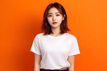 Obraz premium Young asian woman wearing a white blank t-shirt mockup, orange background. Print presentation. 