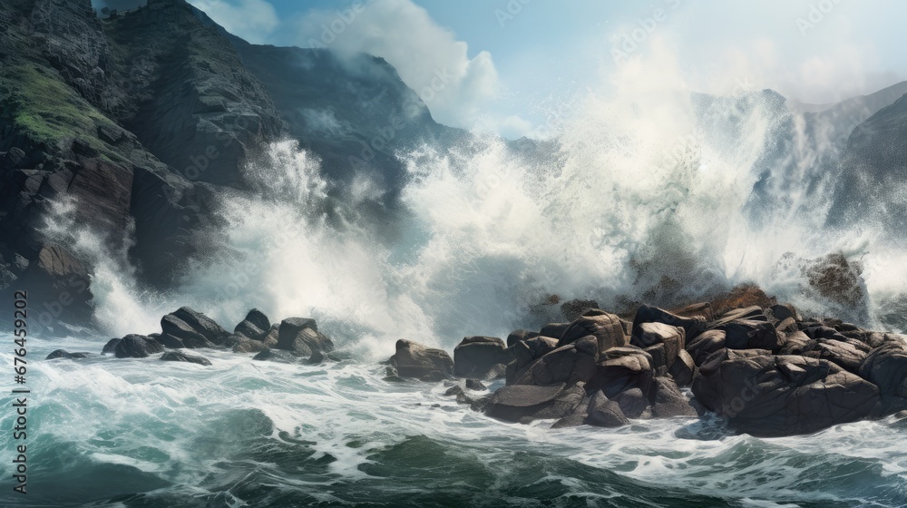 Poster a large body of water with rocks in the middle of it and a mountain range in the background with clo
