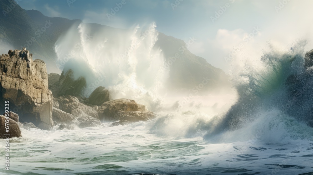 Poster a large wave crashing against the rocks in the ocean, with hills in the background and clouds in the
