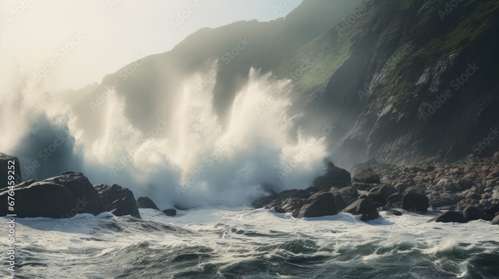 Poster  a large body of water with waves crashing against a rocky cliff on the side of a cliff with a mountain in the background.  generative ai