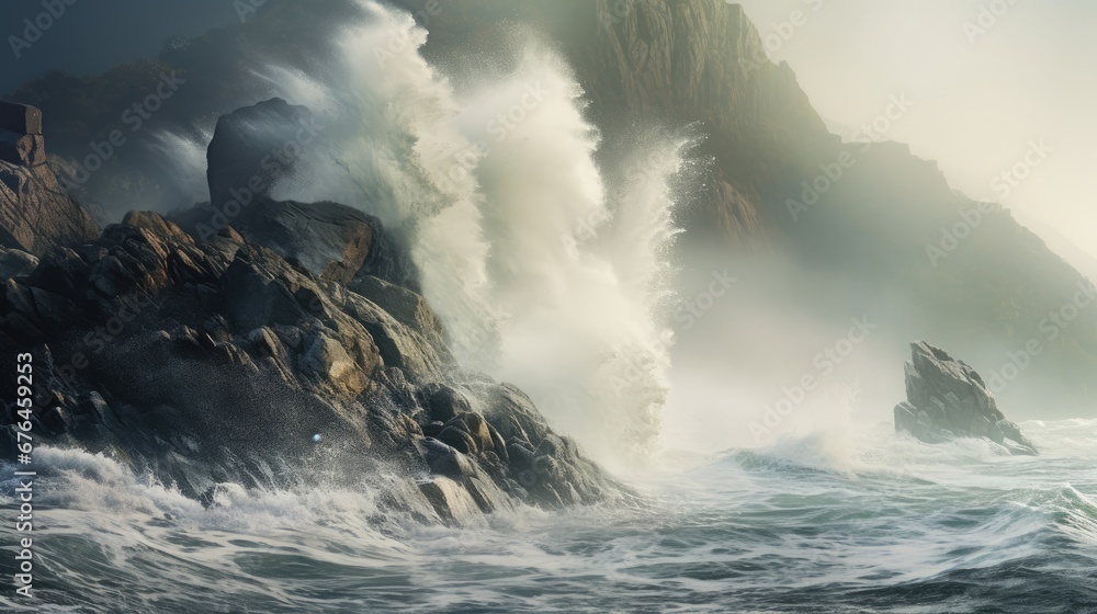 Poster a large body of water next to a rocky cliff with a large wave crashing over it and a person standing
