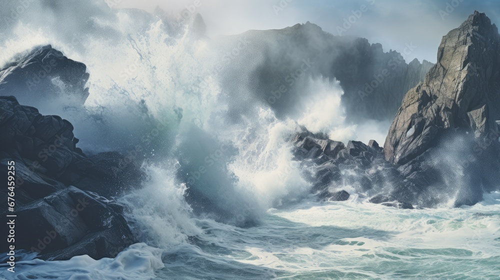 Poster a large body of water surrounded by rocks and a large wave in front of a large rock outcropping. gen