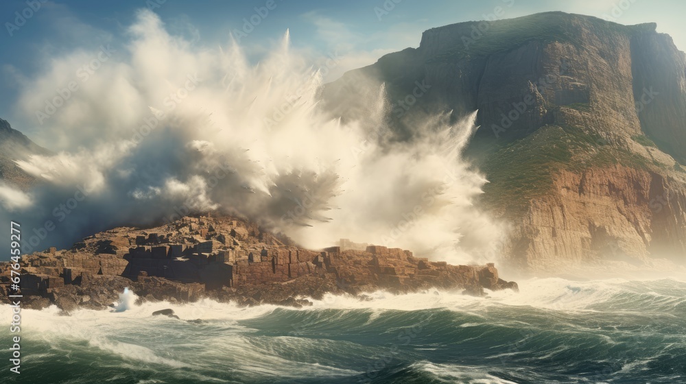Poster a large body of water with a mountain in the background and a large amount of clouds in the sky abov
