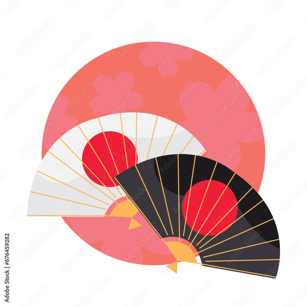 Poster Isolated pair of hand fans with japanese flag Japan Vector