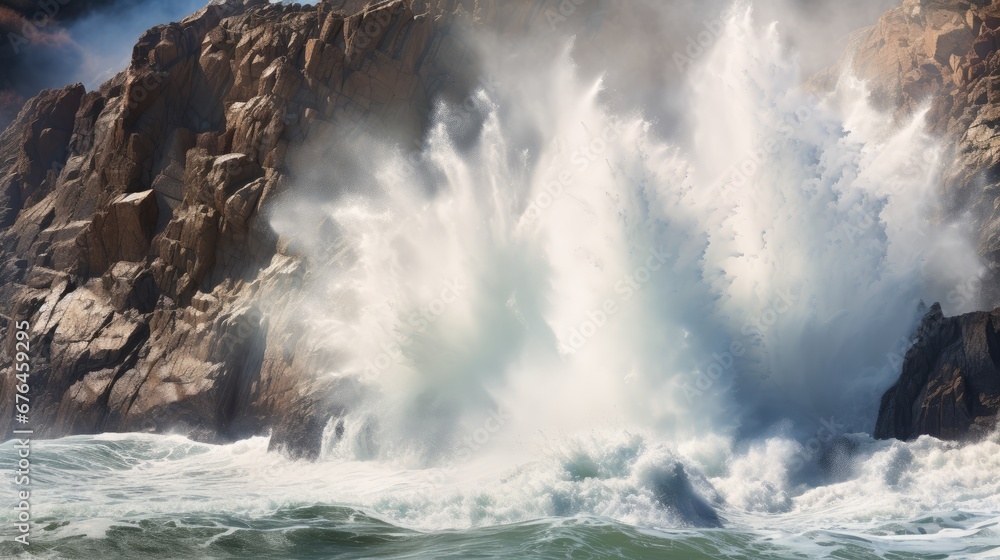 Poster a large body of water next to a rocky cliff with waves crashing against it and a sky filled with clo