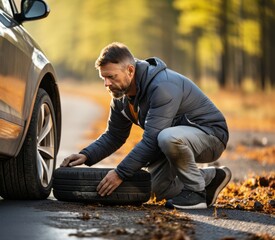 Bearded man in a jacket changing a flat tire on the road in autumn. Driver installing a car's spare tire on the side of the highway. Wheel incident on the road.
