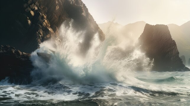  a large body of water with waves crashing against a rocky outcropping on the side of a mountain.  generative ai