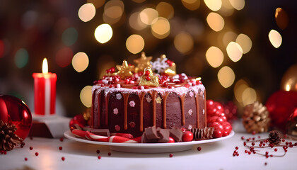 Christmas cake with christmas decorations on top and around ornaments in the table, candles and lights. Copy space. Holiday mood