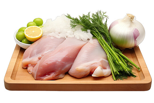 Fresh raw chicken, onion and leek on  transparent background
