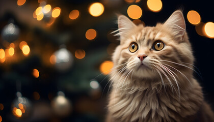Portrait of a little cat in front of a christmas tree, christmas decorations background with space for text. Christmas card concept