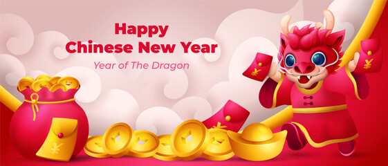 Chinese New year of the Dragon banner, cute  dragon running with golden ingots and coin vector design