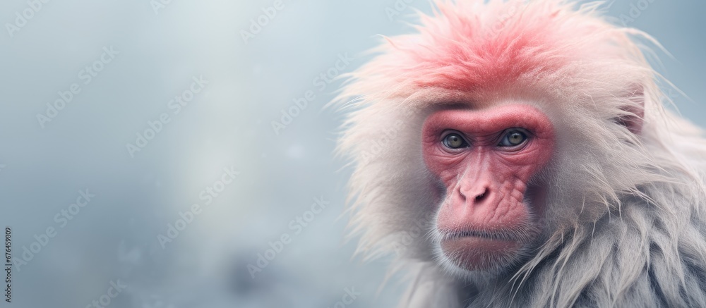 Wall mural during the summer an adult snow monkey with a gray face and pink red head can be found looking outdo