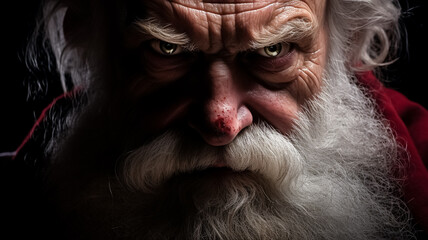 intense close-up of an angry Santa Claus with dark, blood in the nose, generative AI - obrazy, fototapety, plakaty