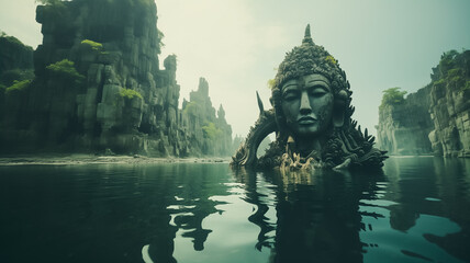 lost temple sunk under water, mystical sacred place in ruins, generative AI - obrazy, fototapety, plakaty