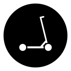 A kick scooter symbol in the center. Isolated white symbol in black circle. Vector illustration on white background