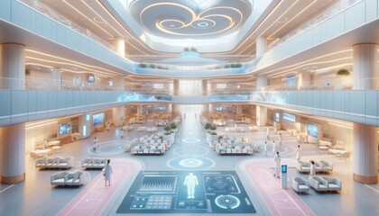 Expansive futuristic hospital lobby with interactive displays and robot at the information desk - obrazy, fototapety, plakaty