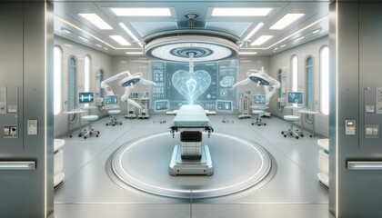 High-tech surgical room equipped with robotic arms, holographic displays, and advanced medical tools - obrazy, fototapety, plakaty