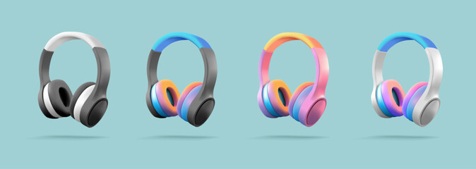 Set of colored 3D headphones. Modern wireless portable gadget for listening to music, and audiobooks. For advertising design. - obrazy, fototapety, plakaty