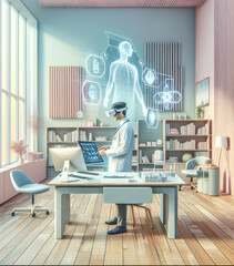 A futuristic doctor immersed in a virtual world, surrounded by sleek hospital furniture and a stylish coffee table adorned with vases, sits at his desk in a room filled with shelves and chairs - obrazy, fototapety, plakaty