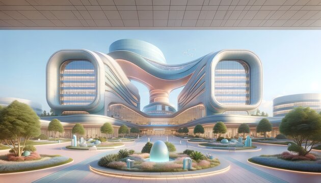 A futuristic hospital stands tall amidst the sprawling cityscape, its circular courtyard adorned with a magnificent fountain, surrounded by lush trees and vibrant plants, in its unique architecture