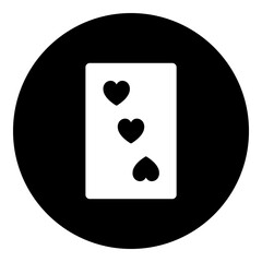 A Three of hearts playing card in the center. Isolated white symbol in black circle. Illustration on transparent background